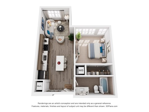Floor plan for 1 bed, 1 bath, 649 sqft